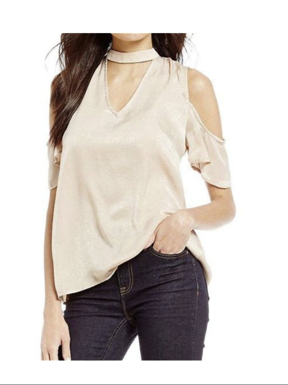 Blu Pepper Cold Shoulder Choker Top | Small | Champagne Cream Satin Blouse